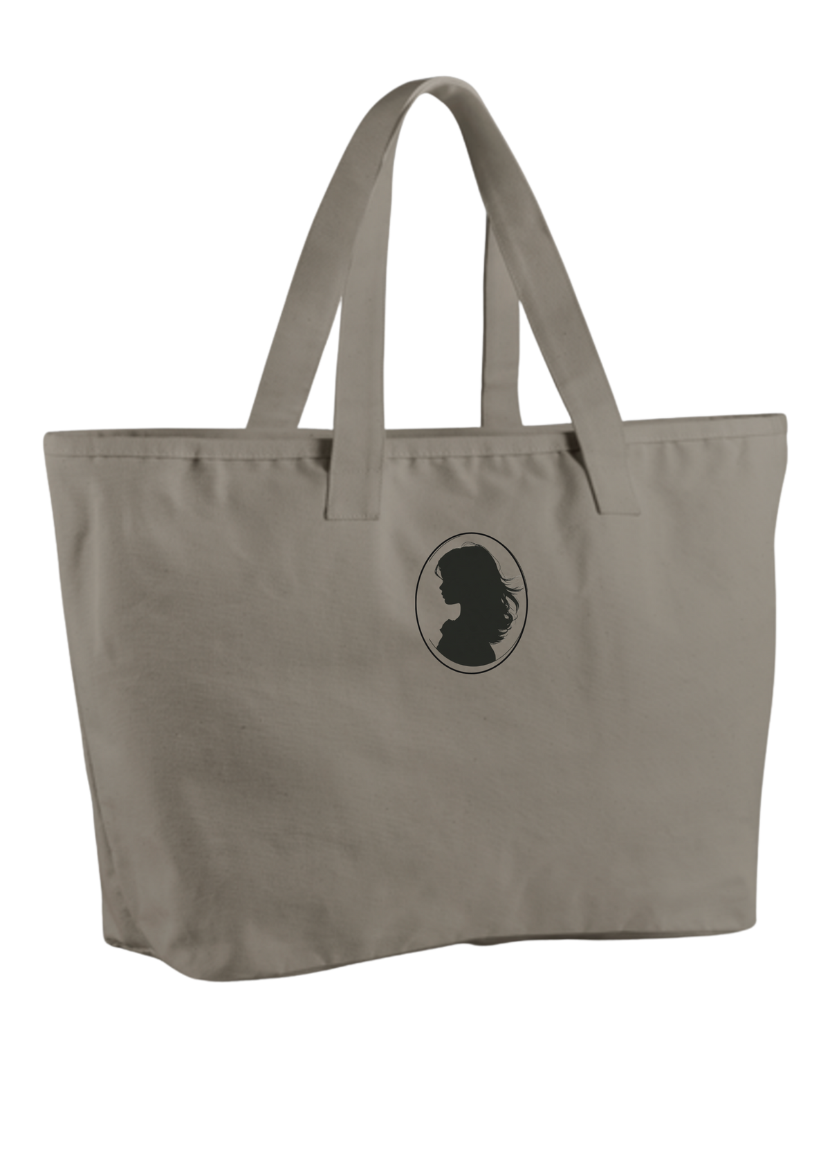 The Wayfarer canvas tote bag in taupe with the cameo printed on the front