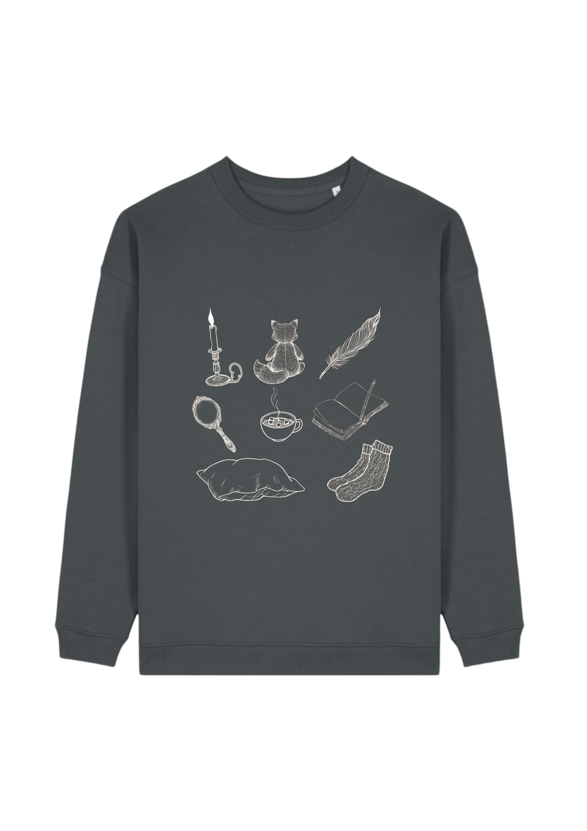 Curiosities sweatshirt in anthracite, eight fine-line drawings in cream