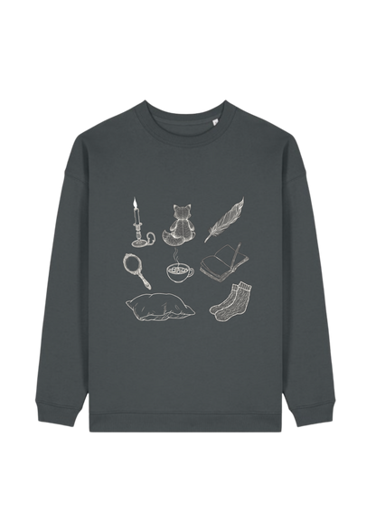 Curiosities sweatshirt in anthracite, eight fine-line drawings in cream