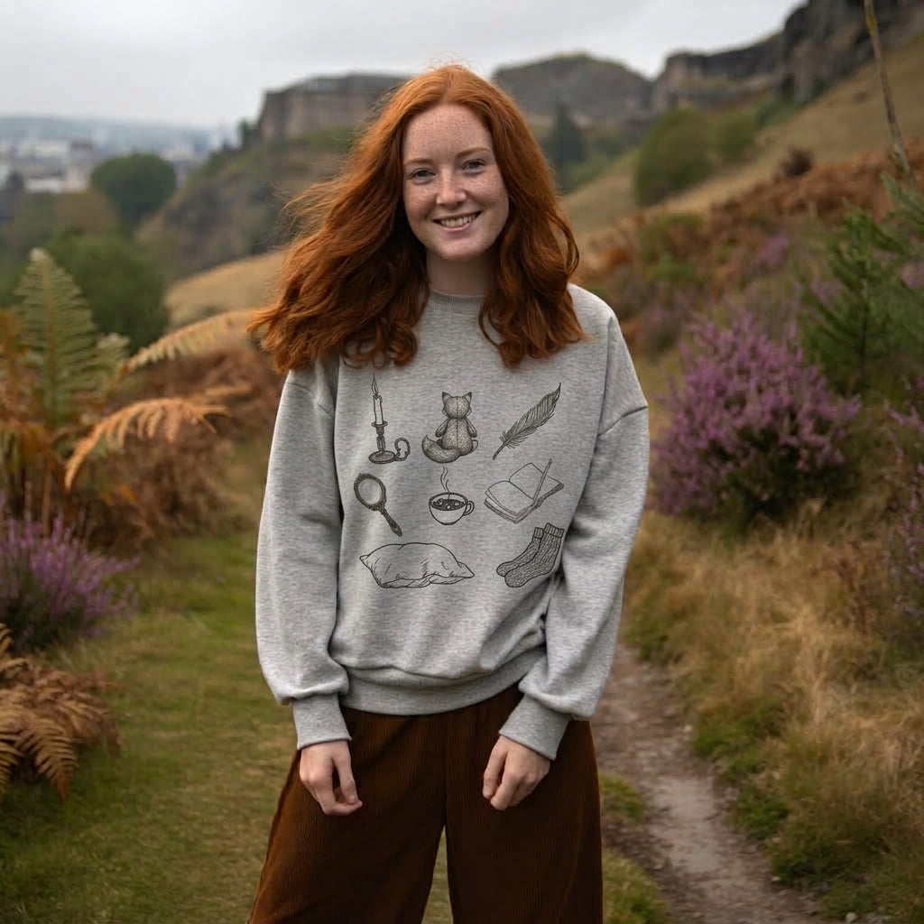 Woman on a Scottish hillside in the Curiosities sweatshirt in light grey marl