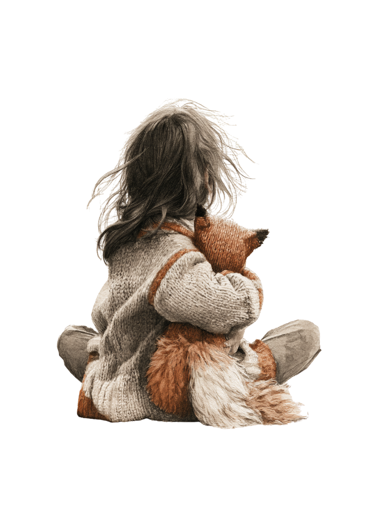 Morning Rituals illustration: the Windswept Girl hugging her knitted fox