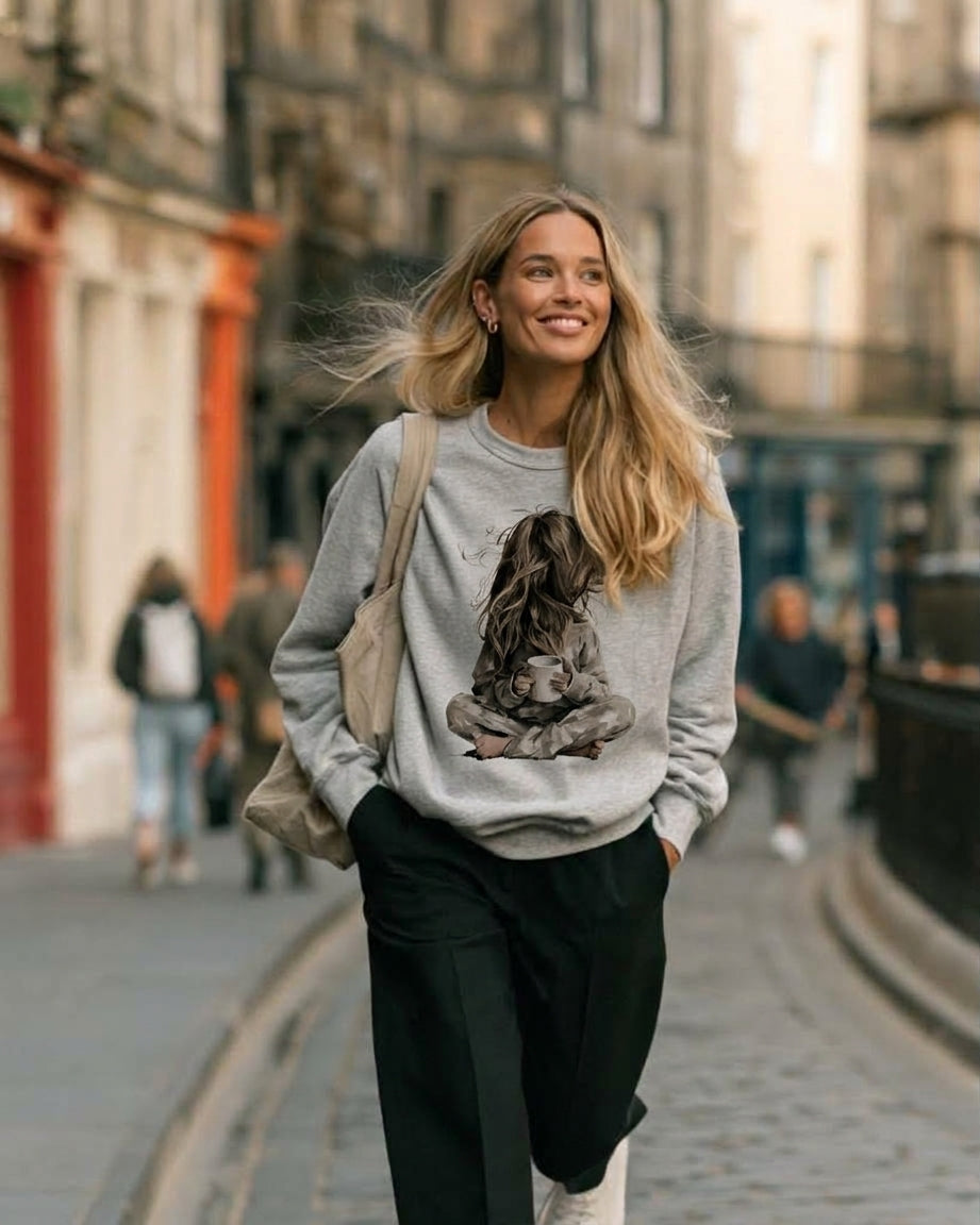 Woman walking through Edinburgh in the Quiet Hours sweatshirt in light grey marl